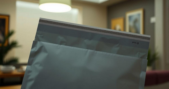 Envelope plástico com aba adesiva para segurança e praticidade
